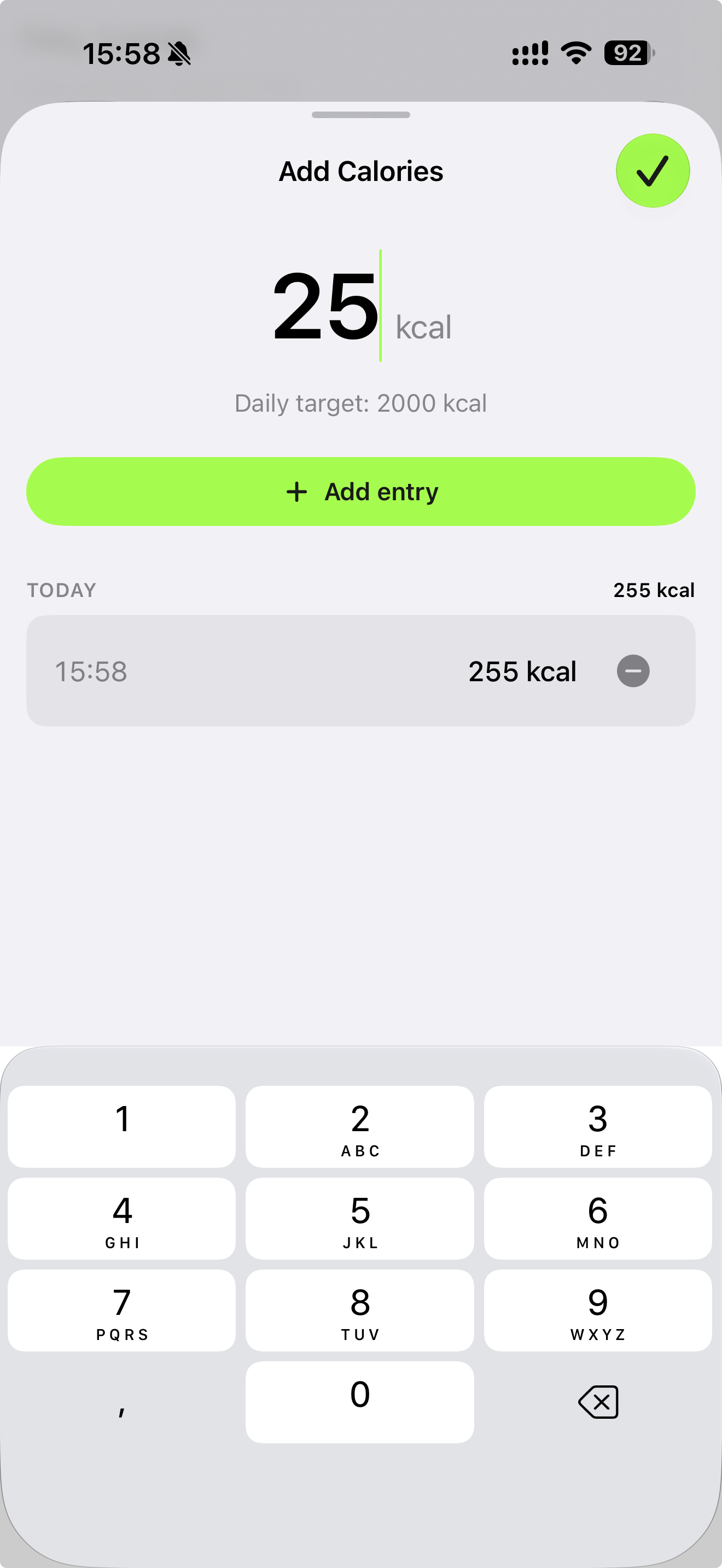 Diby calorie entry sheet