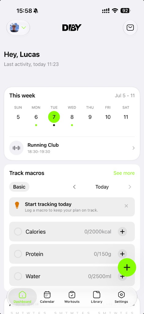 Diby mobile app — dashboard, weekly activity, and macro tracking