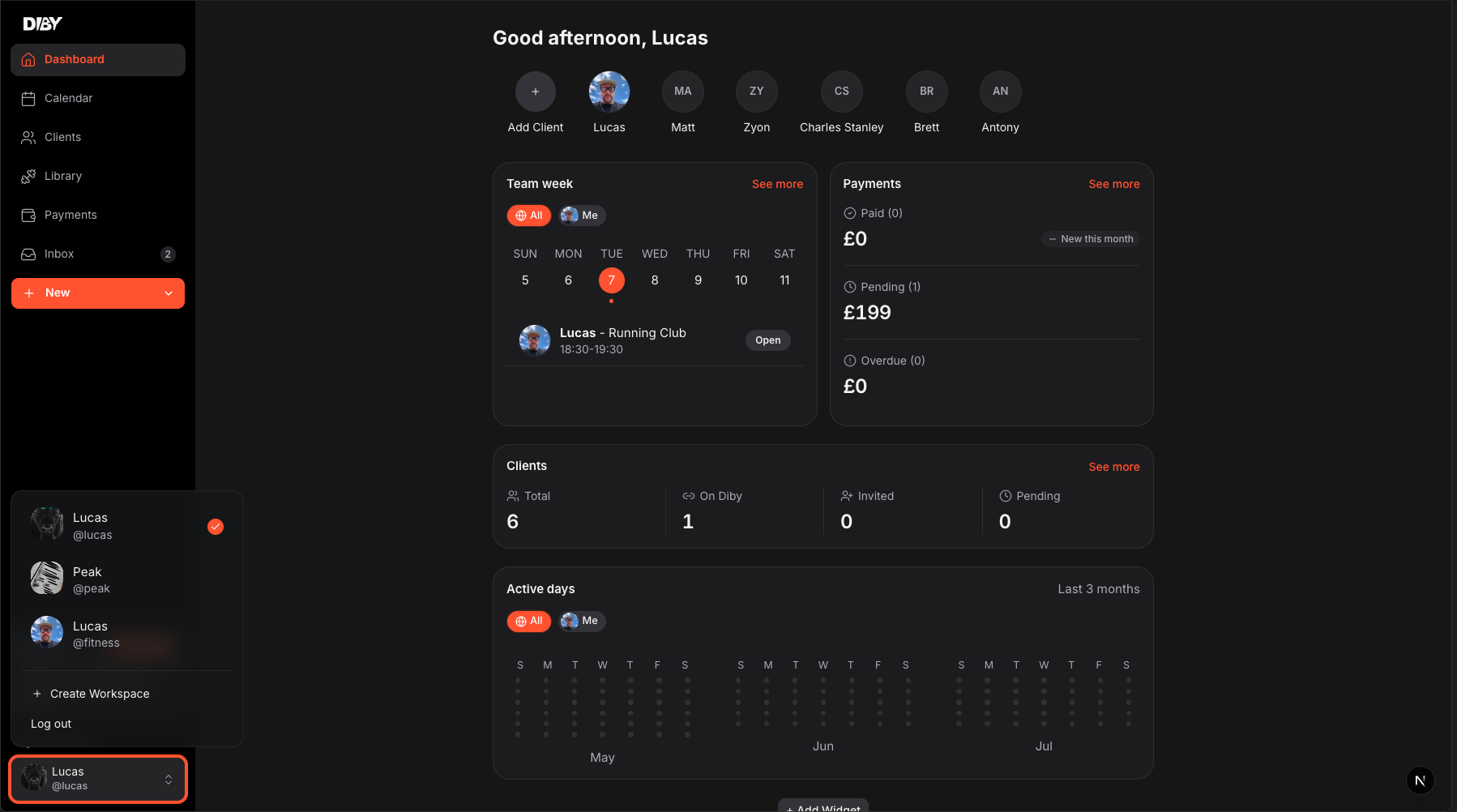 Diby dashboard with workspace switcher