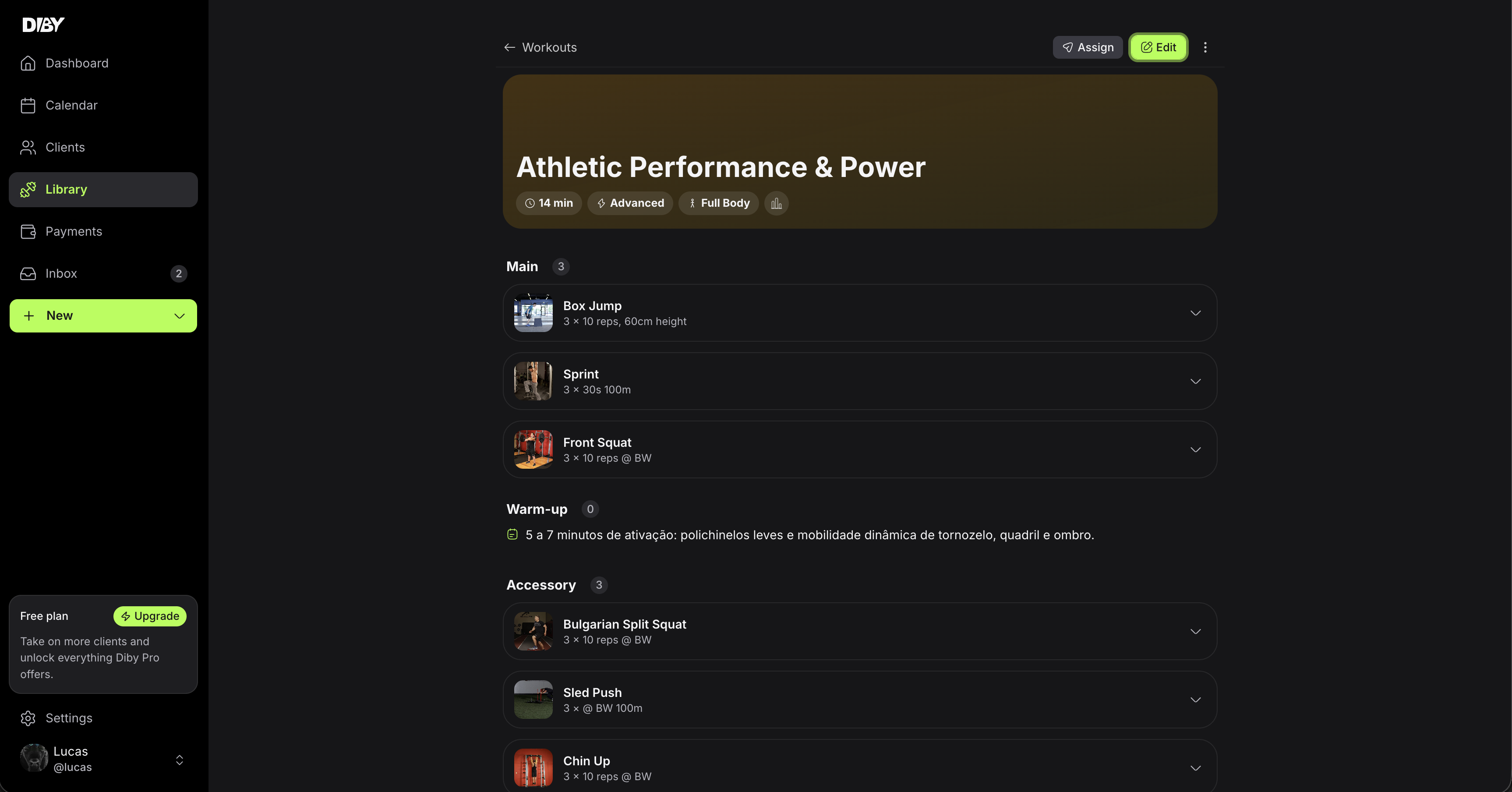 Diby workout library web screen
